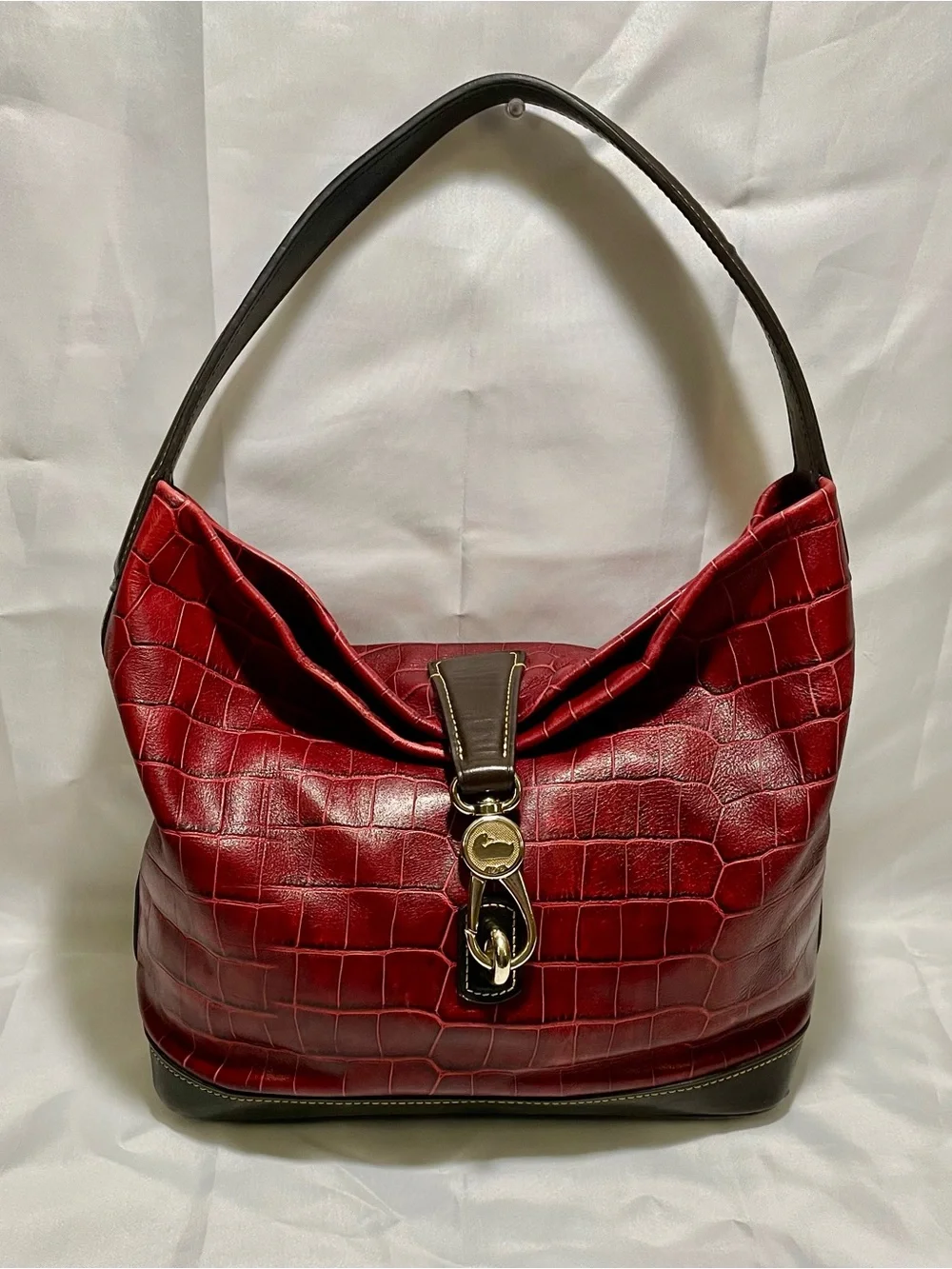 Dooney & Bourke Red Belvedere Crocodile Embossed Leather Logo Lock Hobo Bag